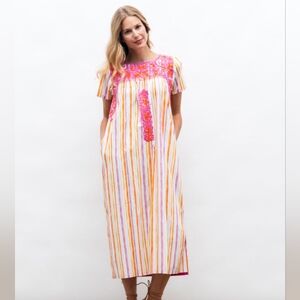 Nwt! Mi Golondrina Striped Embroidered Liliana Specialty Midi Dress. Sz. Xl
